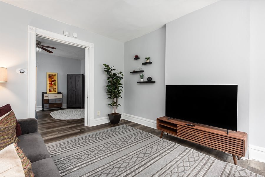 Actual living room of the one-bedroom apartment